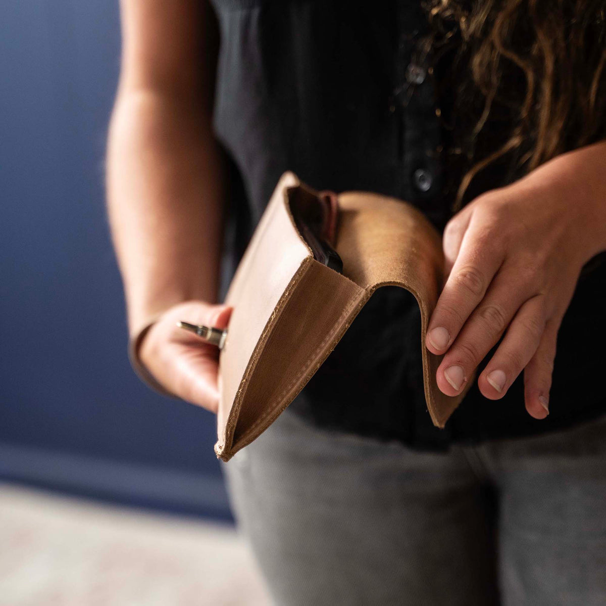 Betty Jean Women’s Fine Leather Envelope Clutch Wallet in tan, stylish and functional for everyday use.