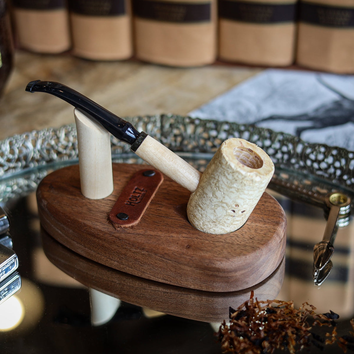 Hand Carved Pipe Holder from American Black Walnut - Holtz Leather
