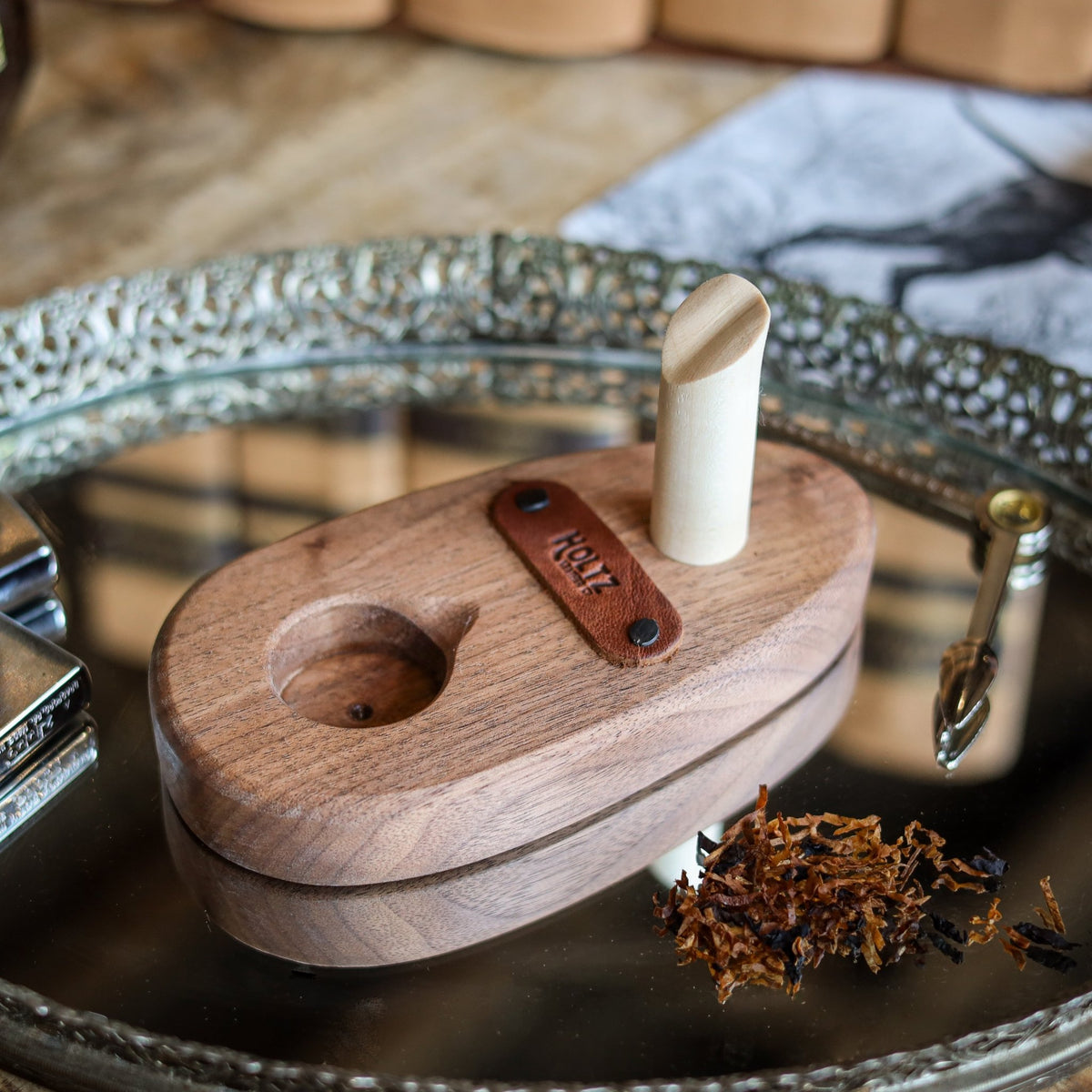 Hand Carved Pipe Holder from American Black Walnut - Holtz Leather