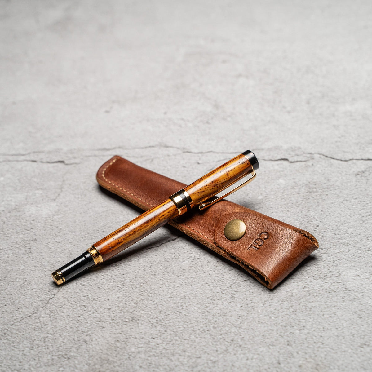 Hand - Turned Rosewood Rollerball Pen + Fine Leather Pen Sleeve - Holtz Leather