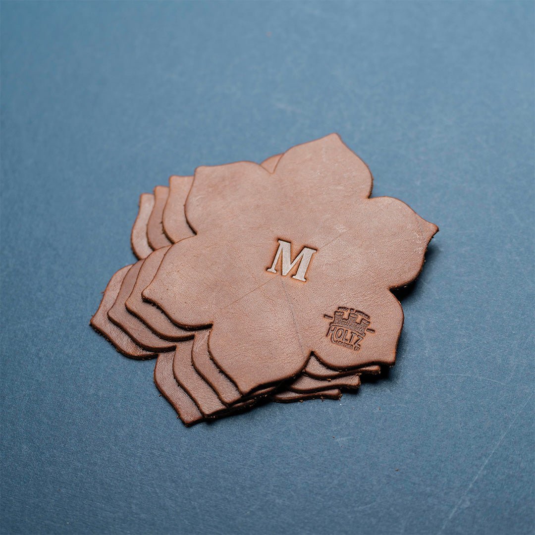 The Magnolia Flower Personalized Fine Leather Coaster Set of 4 Coasters - Holtz Leather