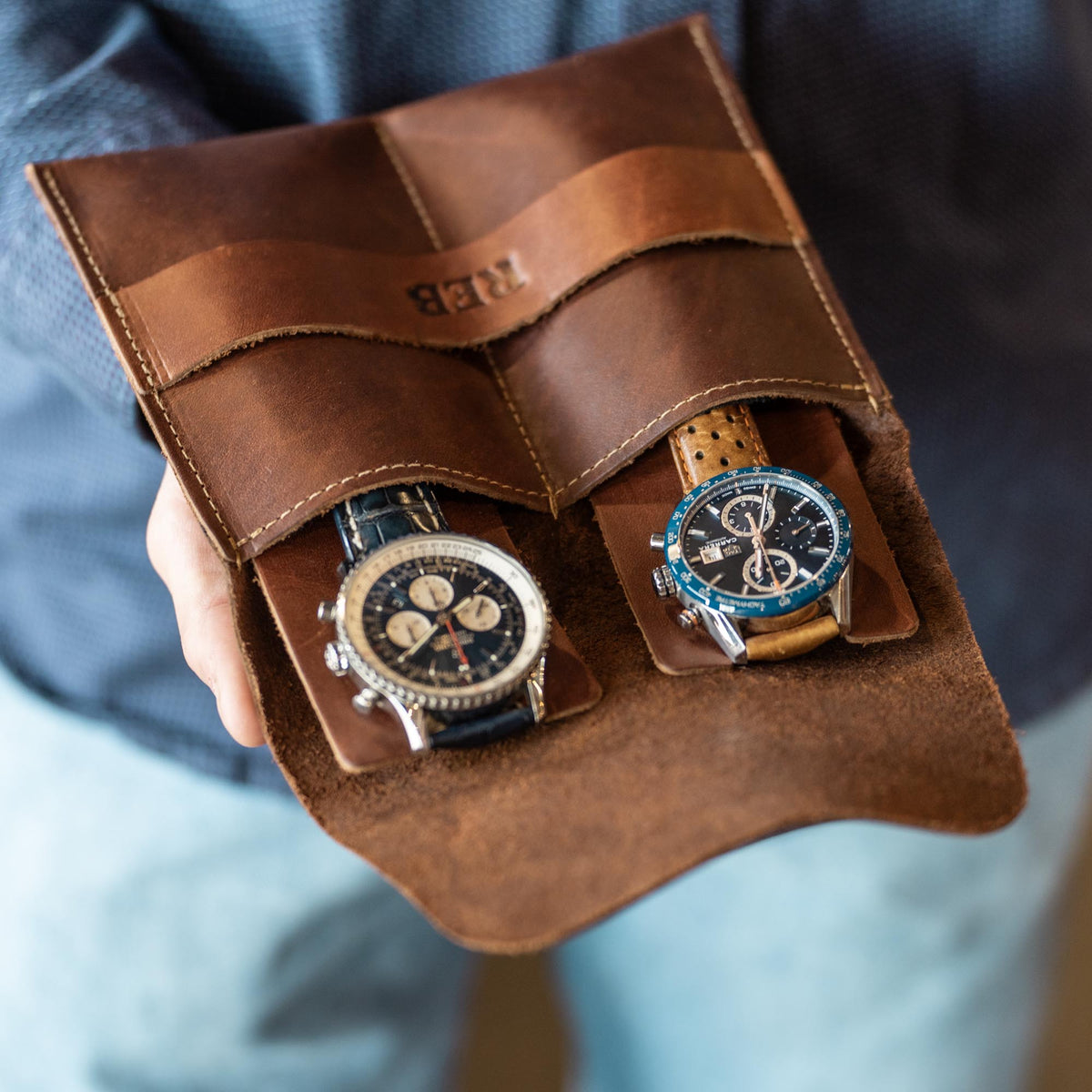Your Logo + Our Leather - The Meridian Personalized Full Grain Leather Watch Holder Travel Case - Custom Logo + Corporate Gifting - Holtz Leather