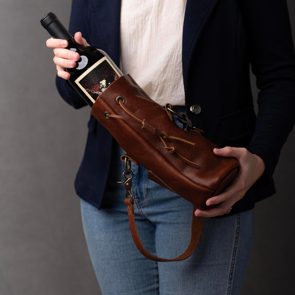 Your Logo + Our Leather - The Muscadine Personalized Fine Leather Wine Tote Wine Bottle Carrier Bag - Custom Logo and Corporate Gifting - Holtz Leather
