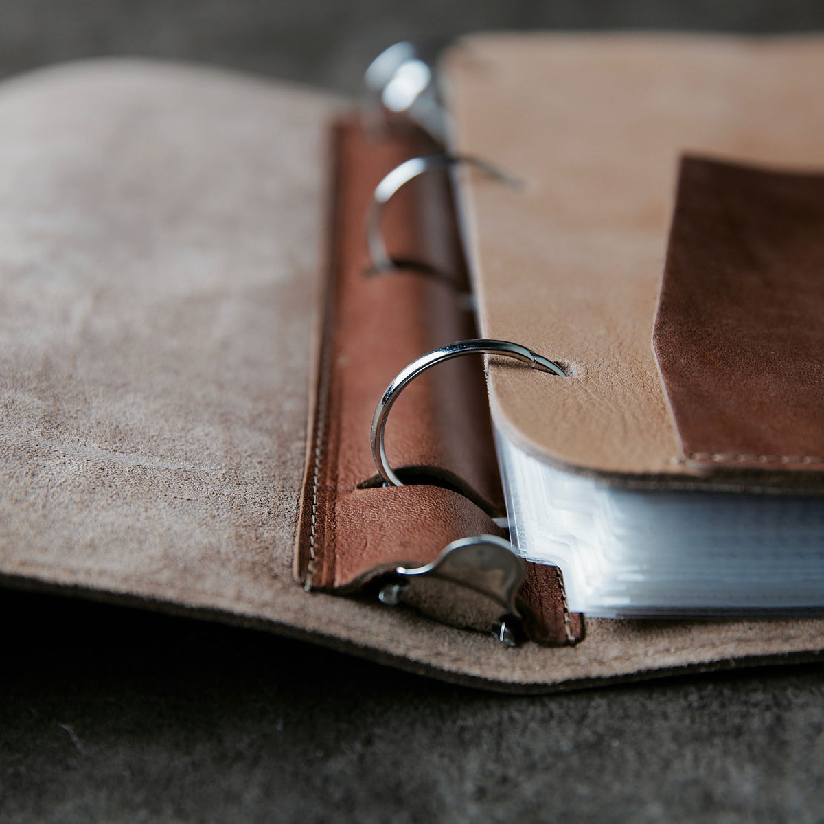Alabama Langley Fine Leather 3 Ring Binder with silver rings and a smooth tan leather interior.