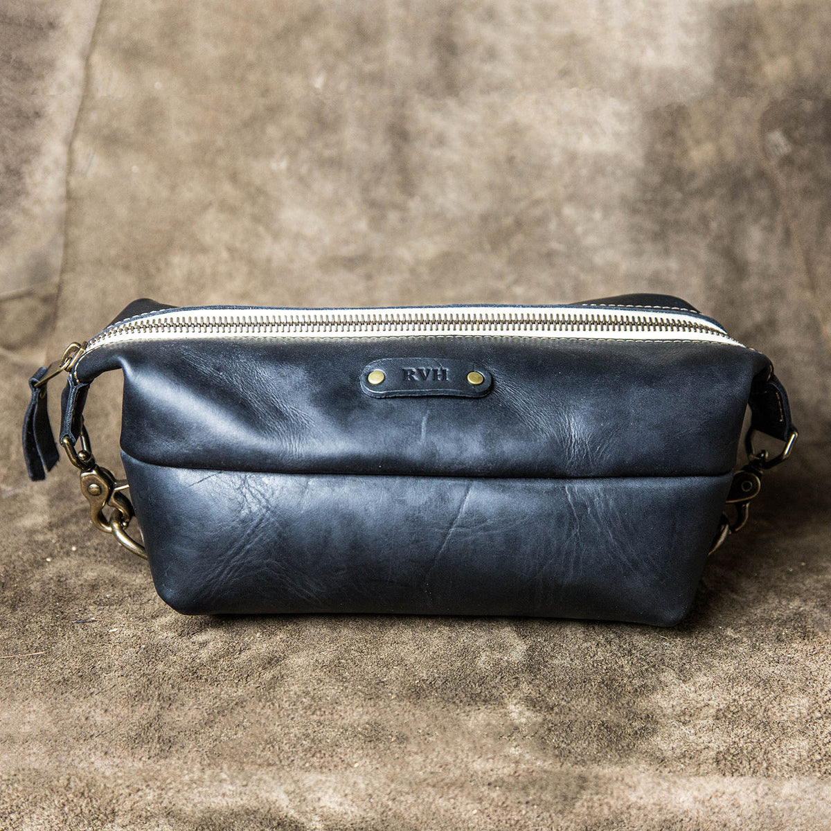 Dopp Bag - Personalized brown fine leather toiletry bag with zipper, perfect for travel and grooming essentials.
