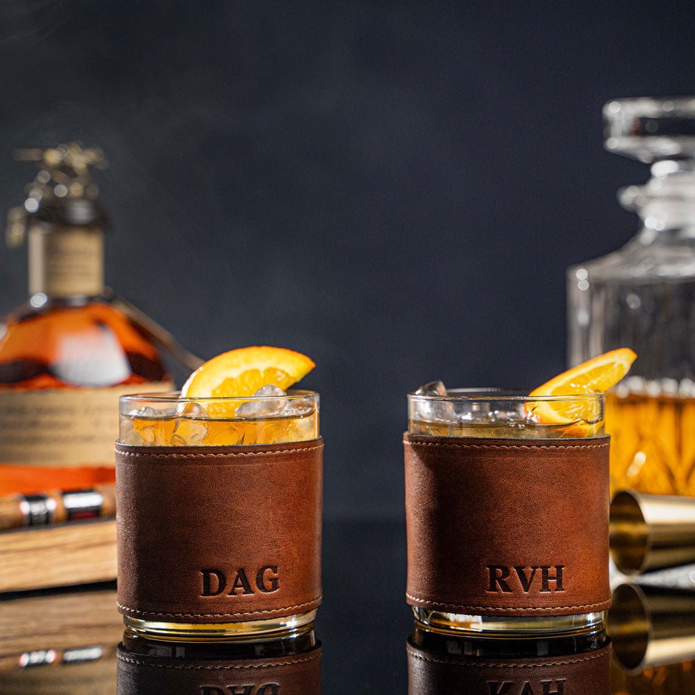 The Gentleman Rocks Glass & Sleeves ~ Full Grain Leather - Set of Two Wraps & Glasses - Holtz Leather