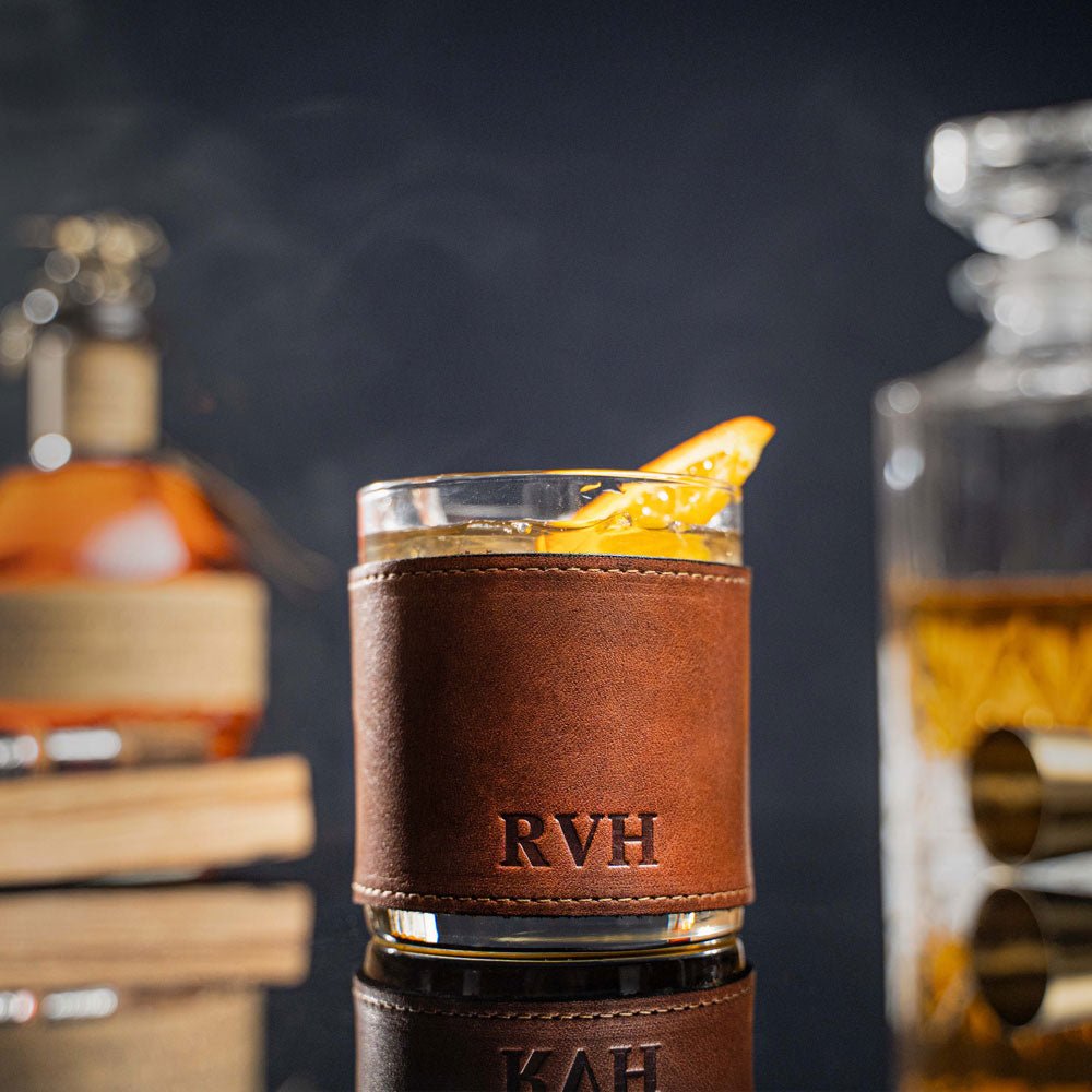 The Gentleman Rocks Glass & Sleeves ~ Full Grain Leather - Set of Two Wraps & Glasses - Holtz Leather