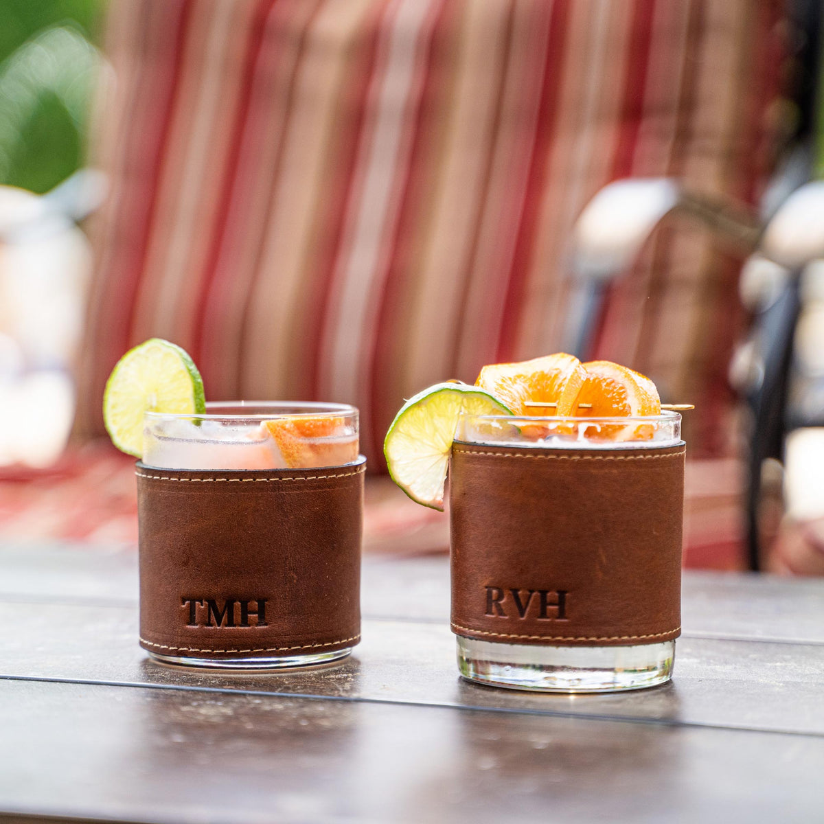 The Gentleman Rocks Glass & Sleeves ~ Full Grain Leather - Set of Two Wraps & Glasses - Holtz Leather