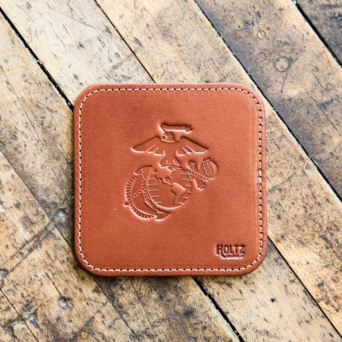 The Officially Licensed Marine Corps Ranch House Fine Leather Coaster Set of 4 Coasters - Holtz Leather