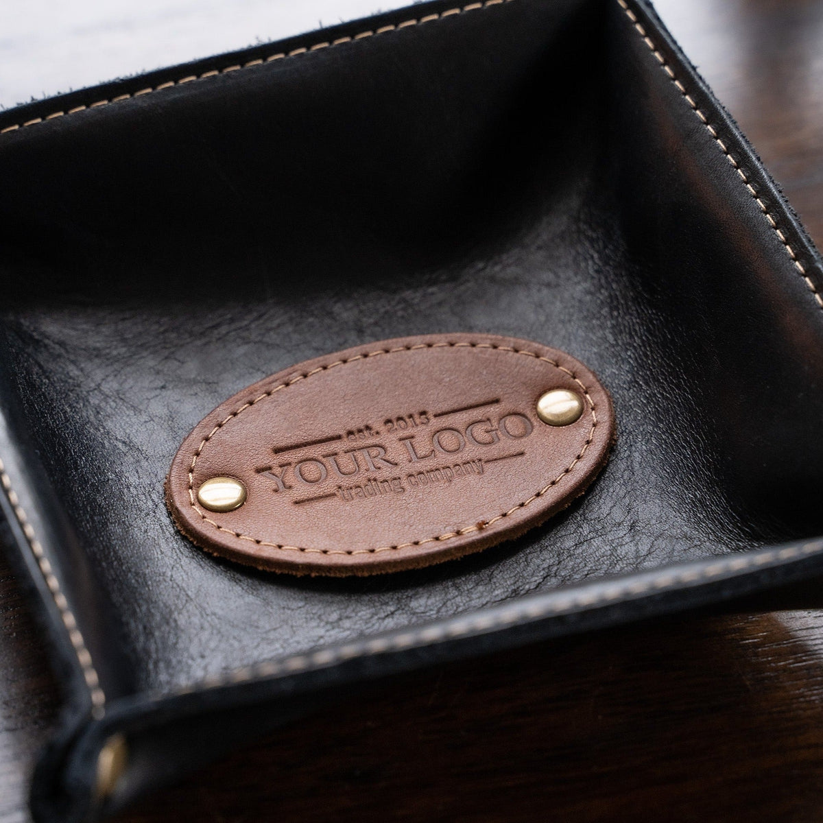 Your Logo + Our Leather - The Monticello Fine Leather Personalized Desk Valet Caddy Tray for Dresser or Office - Custom Logo and Corporate Gifting - Holtz Leather