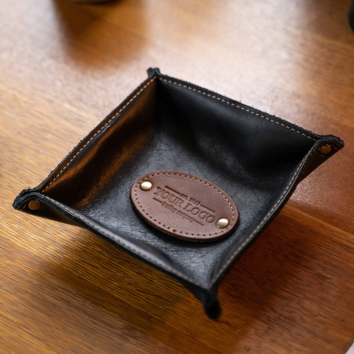 Your Logo + Our Leather - The Monticello Fine Leather Personalized Desk Valet Caddy Tray for Dresser or Office - Custom Logo and Corporate Gifting - Holtz Leather