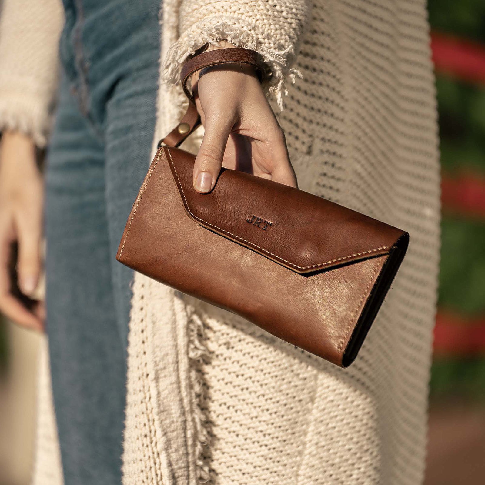 The Jackie O Personalized Leather Clutch Wallet with Wristlet - Holtz Leather