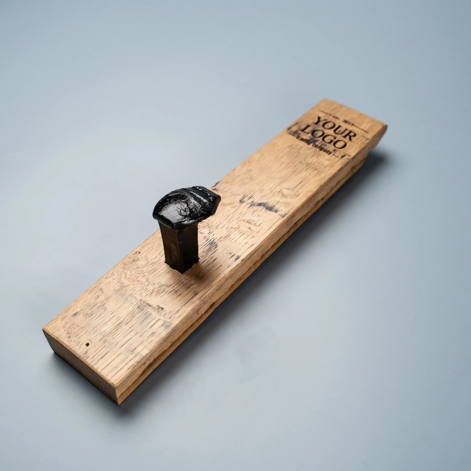 Your Logo + Our Barrels - Tennessee Whiskey Barrel Personalized Wall Hanger with Railroad Spike Hooks - Custom Logo and Corporate Gifting - Holtz Leather