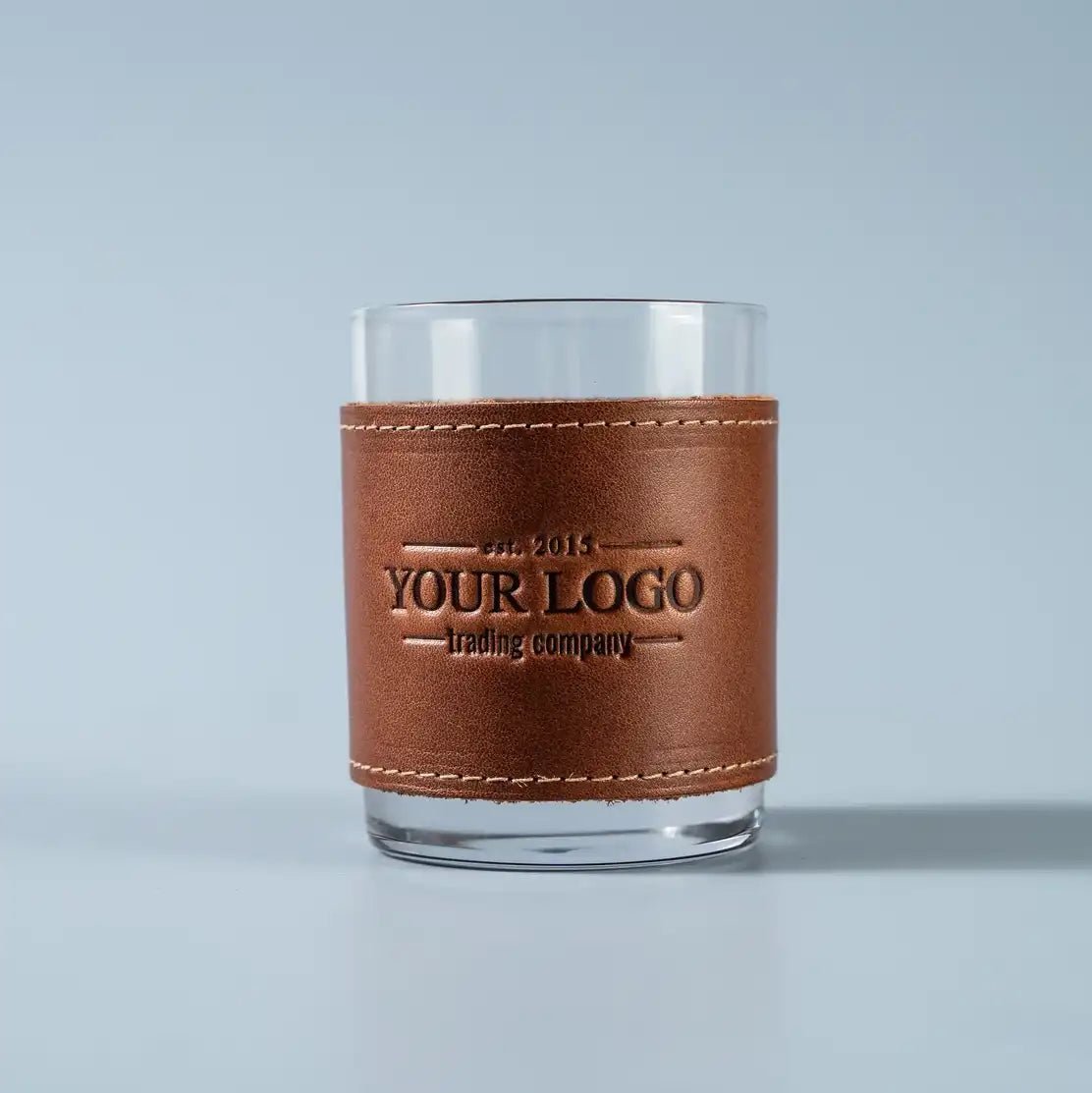 Your Logo + Our Leather - The Gentleman Rocks Glass & Sleeves Set of Two Wraps & Glasses - Custom Logo and Corporate Gifting - Holtz Leather