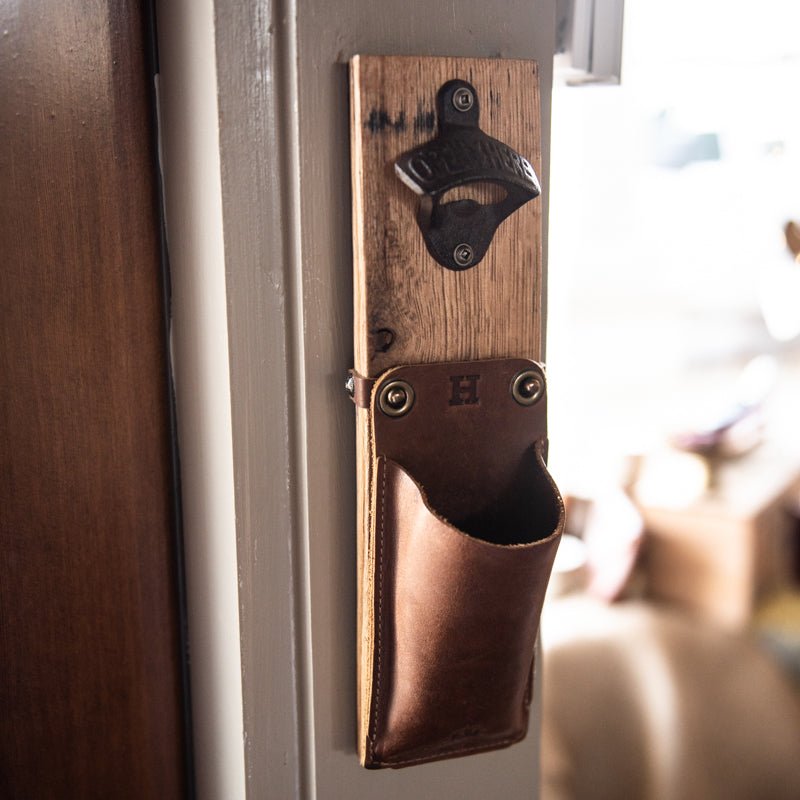 The Cooter Brown Personalized Whiskey Barrel Bottle Opener with detachable leather cap catch pouch - Holtz Leather
