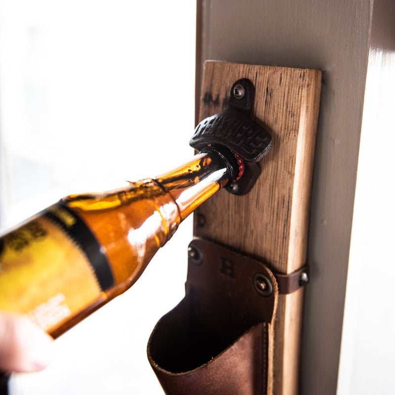 The Cooter Brown Personalized Whiskey Barrel Bottle Opener with detachable leather cap catch pouch - Holtz Leather