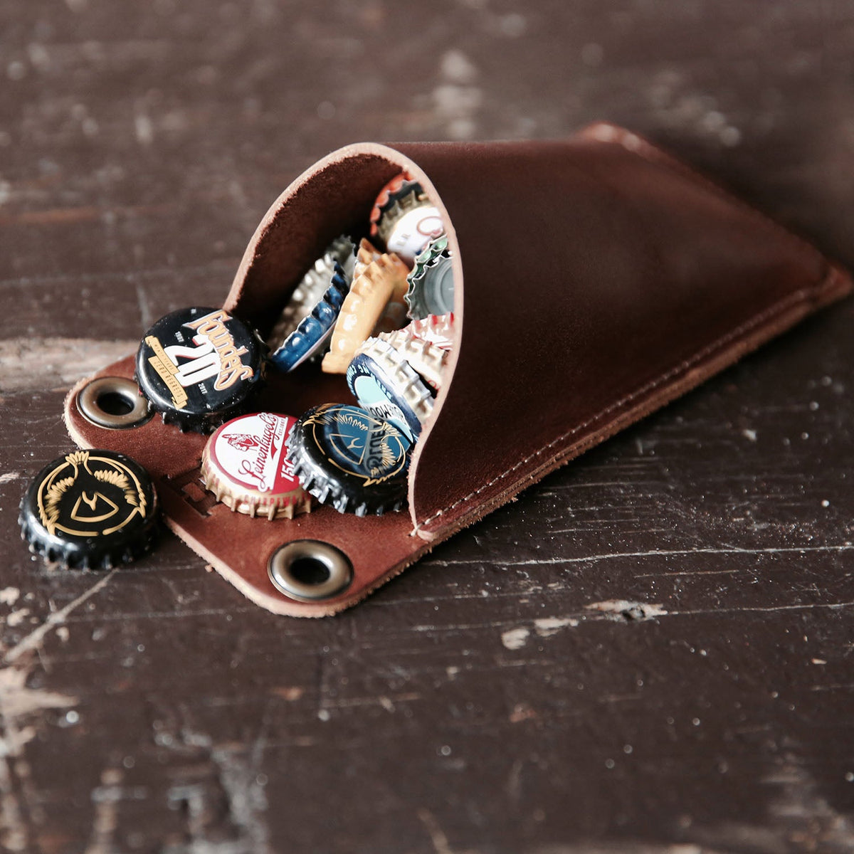 The Cooter Brown Personalized Whiskey Barrel Bottle Opener with detachable leather cap catch pouch - Holtz Leather