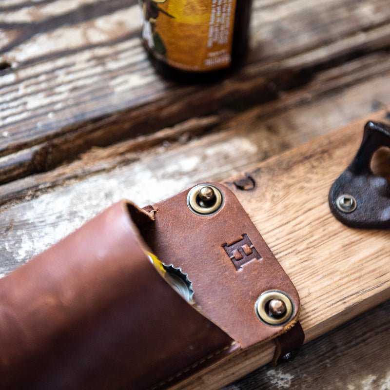 The Cooter Brown Personalized Whiskey Barrel Bottle Opener with detachable leather cap catch pouch - Holtz Leather