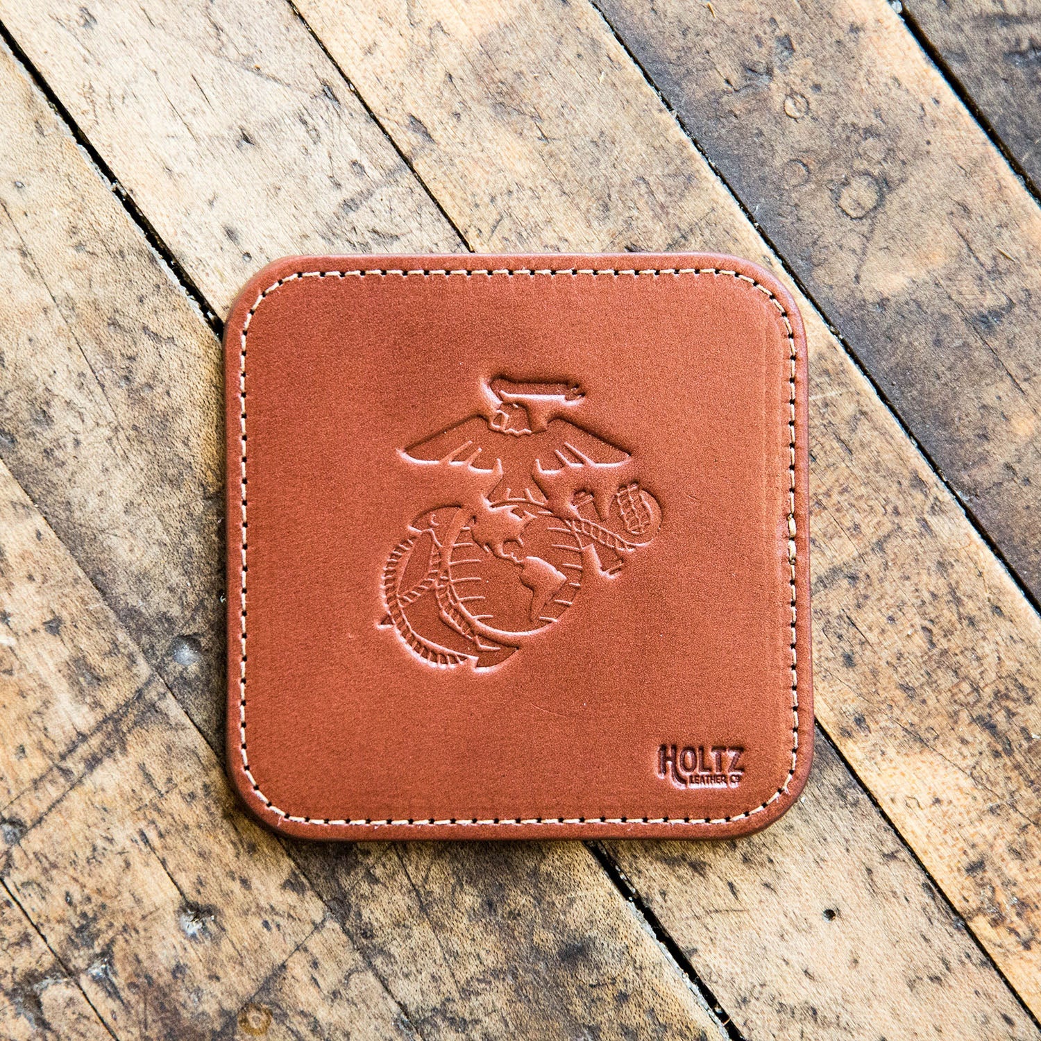 The Officially Licensed Marine Corps Ranch House Fine Leather Coaster Set of 4 Coasters - Holtz Leather