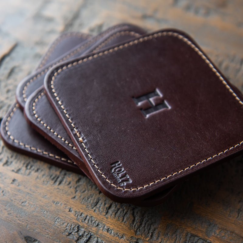 The Ranch House Personalized Fine Leather Coaster Set of 4 Coasters - Holtz Leather