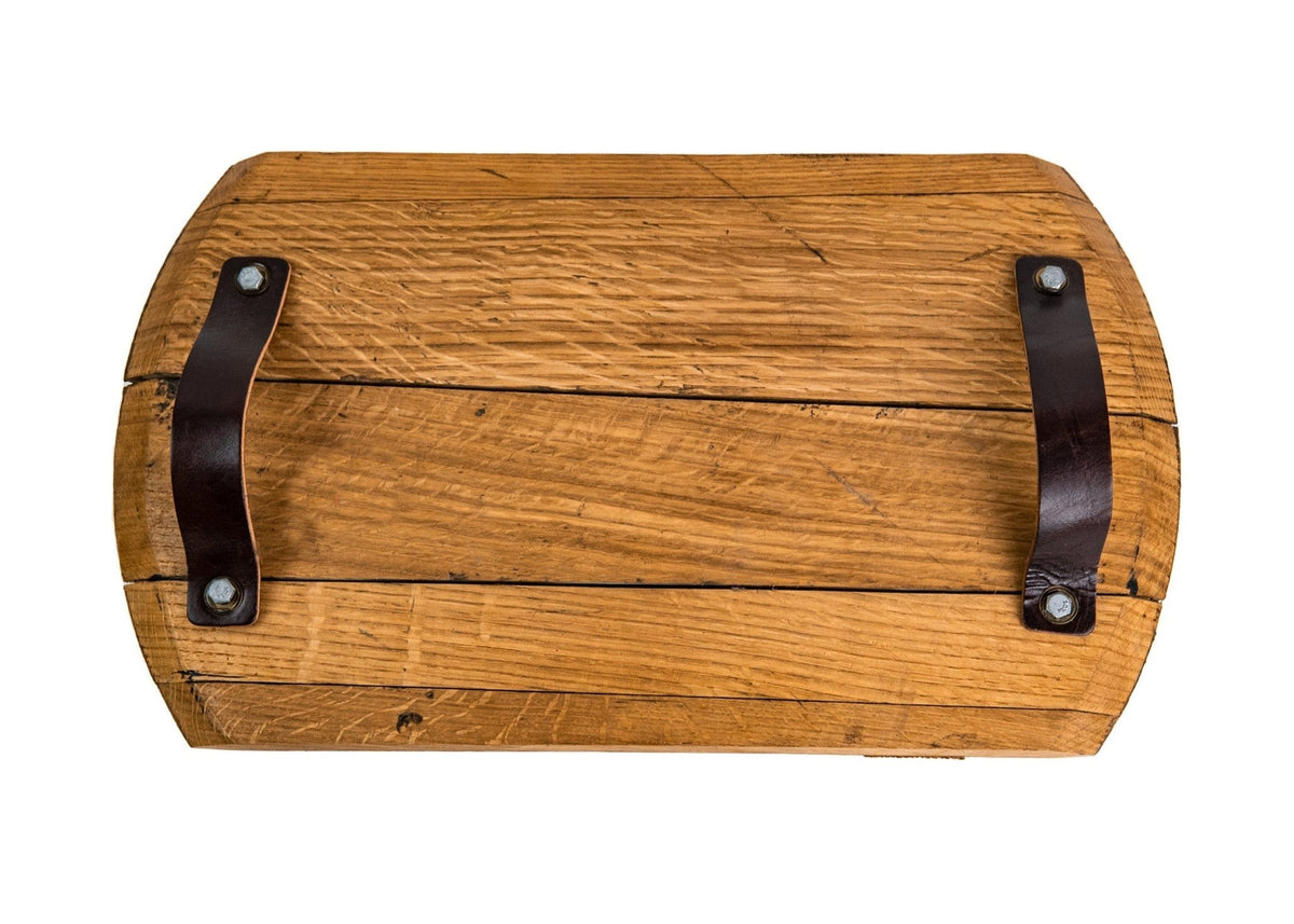 Your Logo + Our Barrels - The Butler Tennessee Whiskey Barrel Serving Tray with Leather Handles - Custom Logo and Corporate Gifting - Holtz Leather